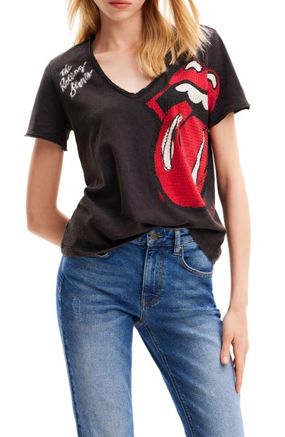 Shop Desigual Rolling Stones Rhinestone Embellished Cotton Graphic T-shirt In Black
