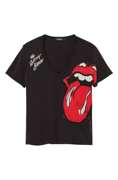 Shop Desigual Rolling Stones Rhinestone Embellished Cotton Graphic T-shirt In Black