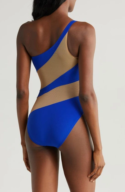Shop Norma Kamali Snake Mesh One-shoulder Swimsuit In Electric Blue/ Nude