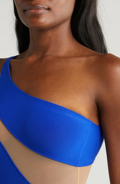 Shop Norma Kamali Snake Mesh One-shoulder Swimsuit In Electric Blue/ Nude