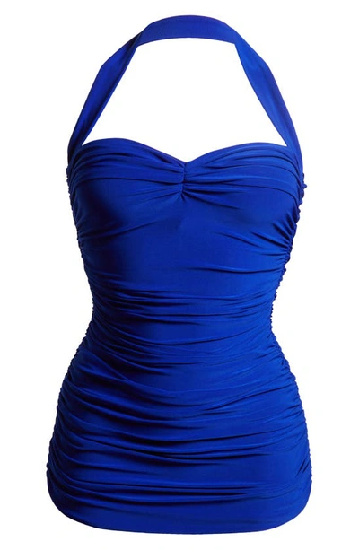 Shop Norma Kamali Bill Ruched One-piece Swimsuit In Electric Blue