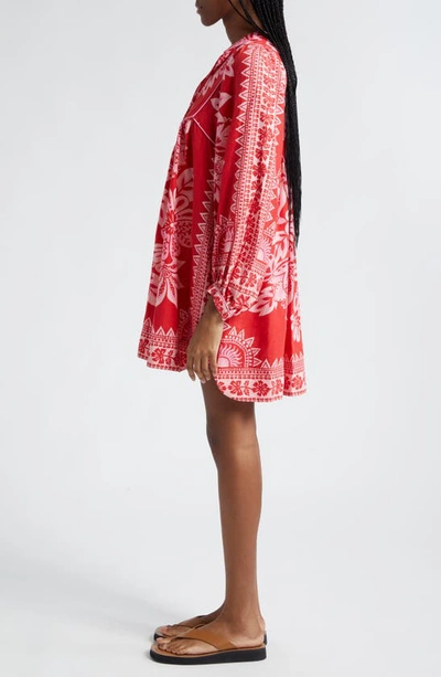 Shop Farm Rio Floral Bracelet Sleeve Linen Blend Shift Dress In Flora Tapestry Red
