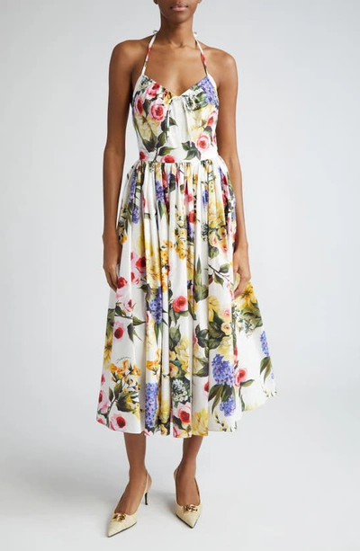 Shop Dolce & Gabbana Garden Floral Print Pleated Cotton Poplin A-line Dress In Ha4ybgiardino Fdo Bianco