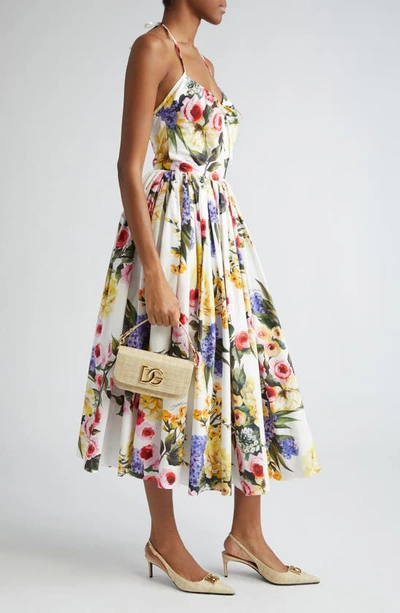 Shop Dolce & Gabbana Dolce&gabbana Garden Floral Print Pleated Cotton Poplin A-line Dress In Ha4ybgiardino Fdo Bianco