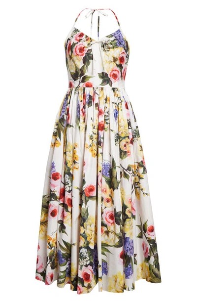 Shop Dolce & Gabbana Garden Floral Print Pleated Cotton Poplin A-line Dress In Ha4ybgiardino Fdo Bianco