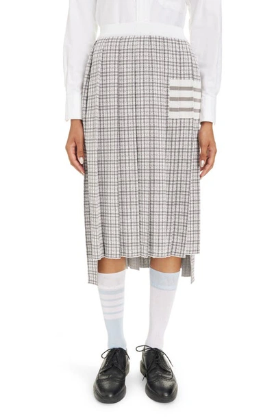 Shop Thom Browne 4-bar Small Check Drop Back Silk & Cotton Pleated Skirt In Light Grey