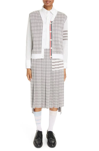 Shop Thom Browne 4-bar Small Check Drop Back Silk & Cotton Pleated Skirt In Light Grey