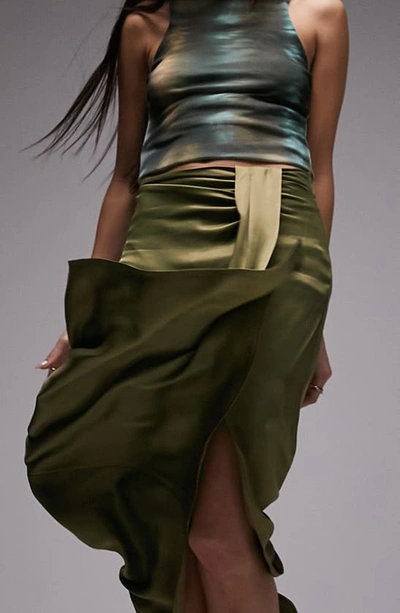 Shop Topshop Ruched Front Vent Satin Maxi Skirt In Light Green