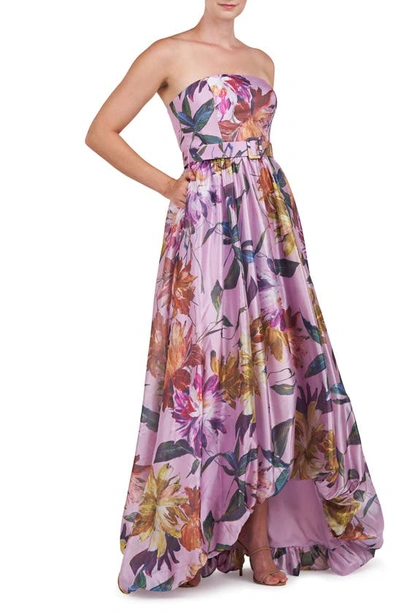 Shop Kay Unger Evangeline Floral Strapless High-low Gown In Pink Mauve