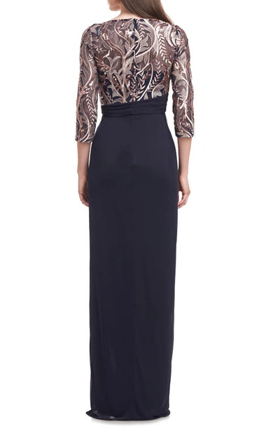 Shop Js Collections Carrie Sequin Embroidered Draped Gown In Navy Rose Gold