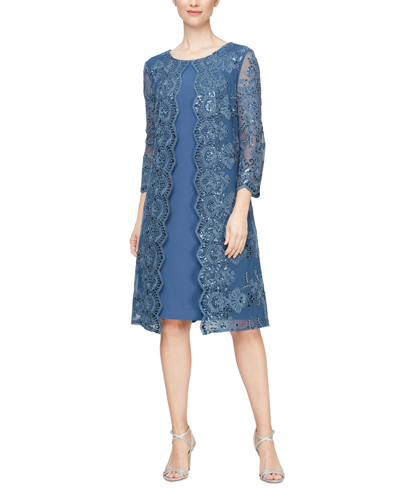 Shop Alex Evenings Embellished Layered-look Dress In Vintage Blue