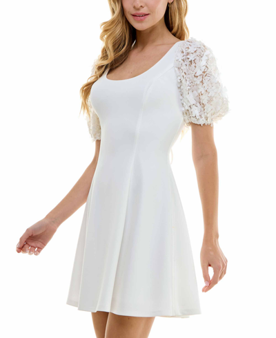 Shop City Studios Juniors' Embellished Puff-sleeve Fit & Flare Dress In Ivory