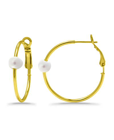 Shop Macy's White Cultured Pearl Hoop Earrings In Gold
