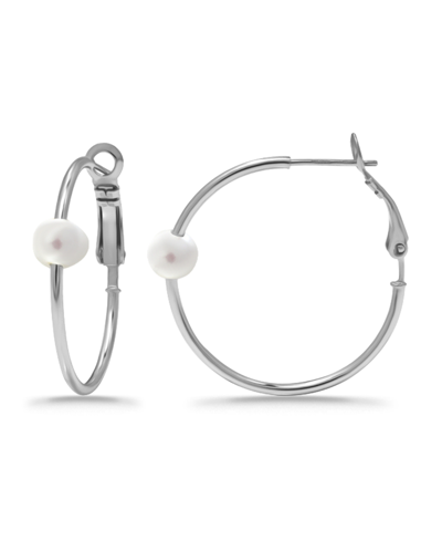 Shop Macy's White Cultured Pearl Hoop Earrings In Silver