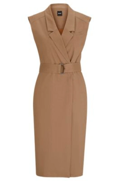 Shop Hugo Boss Belted Wrap Dress In A Linen Blend In Beige