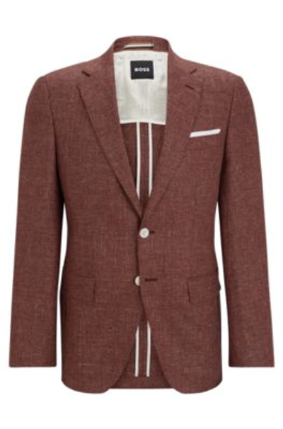 Shop Hugo Boss Slim-fit Jacket In Patterned Virgin Wool And Linen In Light Brown
