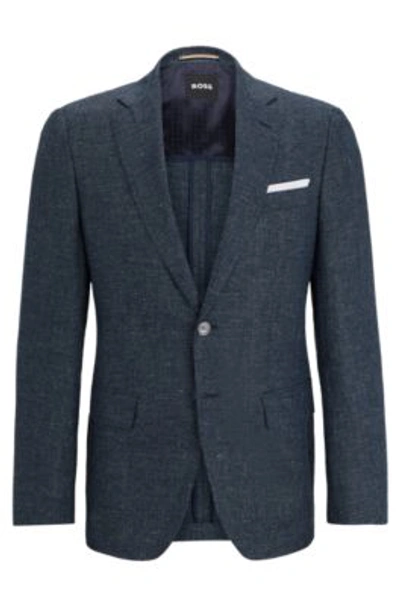 Shop Hugo Boss Slim-fit Jacket In Patterned Virgin Wool And Linen In Dark Blue