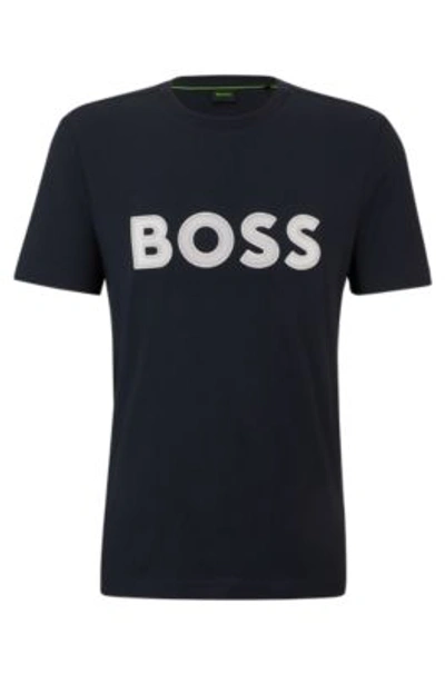 Shop Hugo Boss Cotton-jersey Regular-fit T-shirt With Mesh Logo In Dark Blue