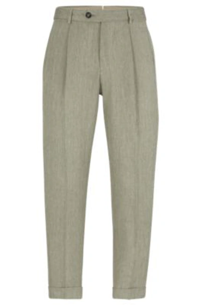 Shop Hugo Boss Relaxed-fit Trousers In Herringbone Linen And Silk In Light Green