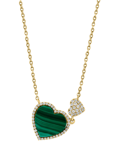 Shop Effy Collection Effy Malachite & Diamond (1/5 Ct. T.w.) Double Heart 18" Pendant Necklace In 14k Gold