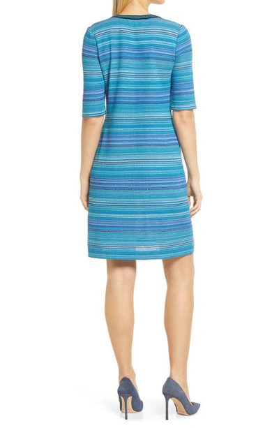 Ming Wang Contrast Trim Textured Stripe Knit Dress In Brt Teal/blk/ocean Bl/wht