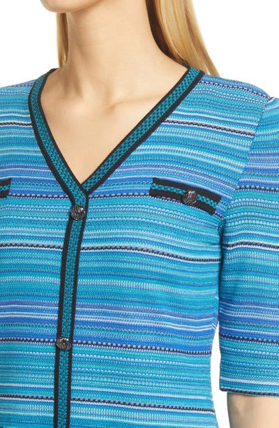 Ming Wang Contrast Trim Textured Stripe Knit Dress In Brt Teal/blk/ocean Bl/wht