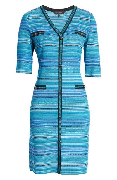 Ming Wang Contrast Trim Textured Stripe Knit Dress In Brt Teal/blk/ocean Bl/wht