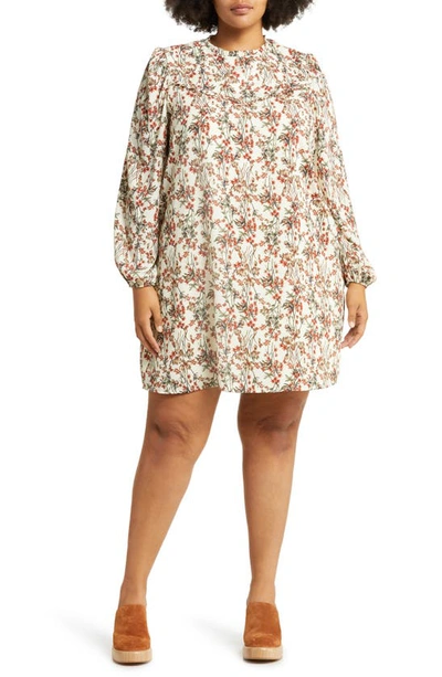 Treasure & Bond Floral Print Long Sleeve Minidress In Ivory Multi