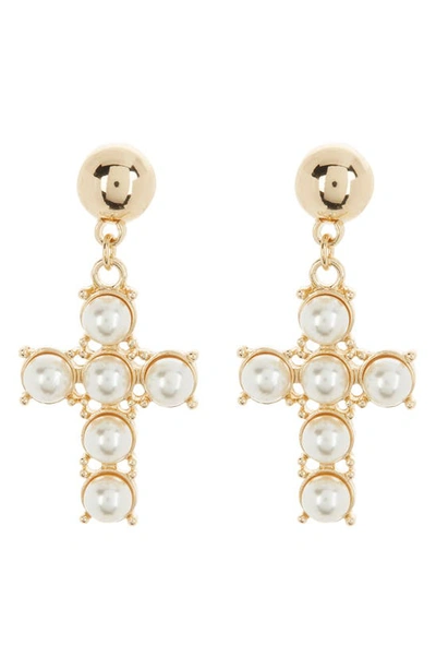 Shop Tasha Imitation Pearl Cross Drop Earrings In Gold