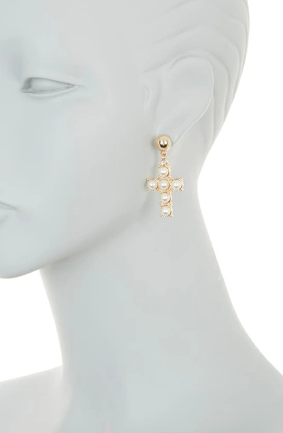 Shop Tasha Imitation Pearl Cross Drop Earrings In Gold