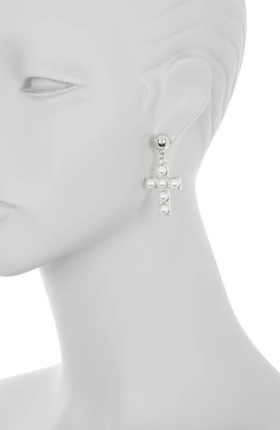 Shop Tasha Imitation Pearl Cross Drop Earrings In Silver