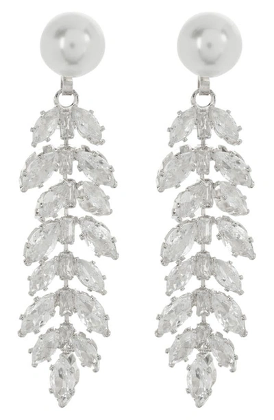 Shop Tasha Crystal & Imitation Pearl Leaf Drop Earrings In Silver