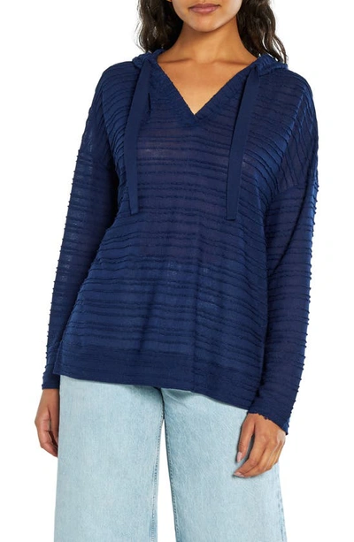 Shop Three Dots Stripe Textured Hacci Pullover Hoodie In Navy