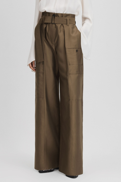 Reiss Khaki Wide Leg Paper Bag Trousers In Khaki