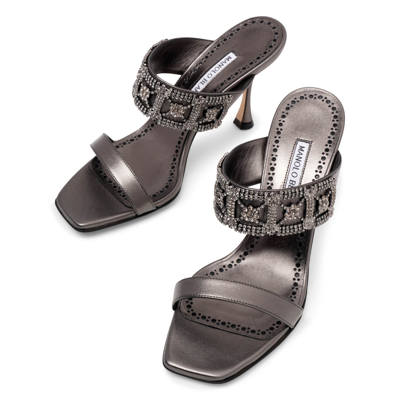 Shop Manolo Blahnik Larapa 90 Grey Metallic Nappa Sandals