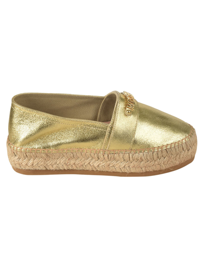 Shop Moschino Logo Embossed Metallic Espadrillas In Gold