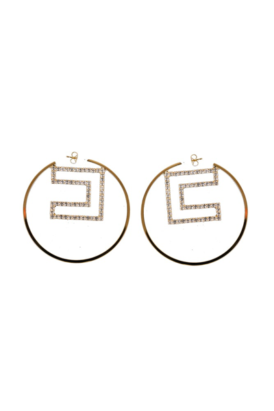 Shop Elisabetta Franchi Hoop Earrings With Rhinestone Logo In Oro Giallo