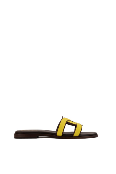 Shop Tod's Leather Sandals With Yellow Logo In Yellow/brown