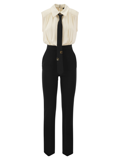 Shop Elisabetta Franchi Crepe And Viscose Combination Suit With Tie In Butter/black