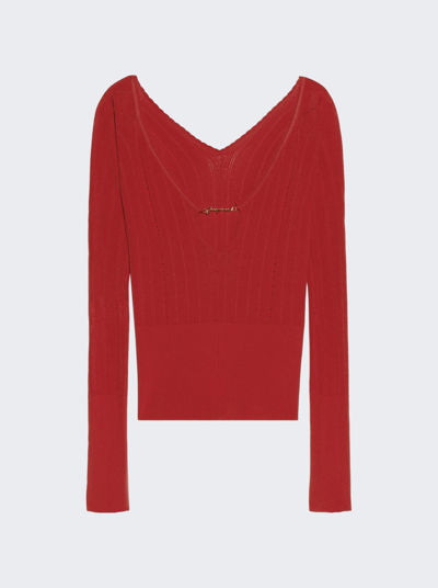 Shop Jacquemus Long Sleeve Scalloped Top In Dark Red