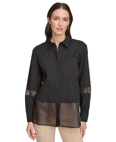 Shop Dkny Women's Mixed Media Button-front Shirt In Black