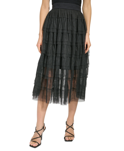 Shop Dkny Women's Tiered Tulle Midi Skirt In Black