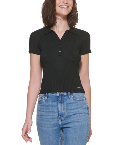 Shop Calvin Klein Jeans Est.1978 Petite Short-sleeve Ribbed Polo Shirt In Black