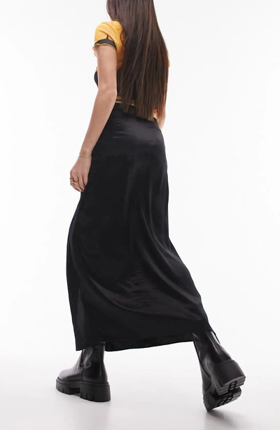 Shop Topshop Ruched Front Vent Satin Maxi Skirt In Black