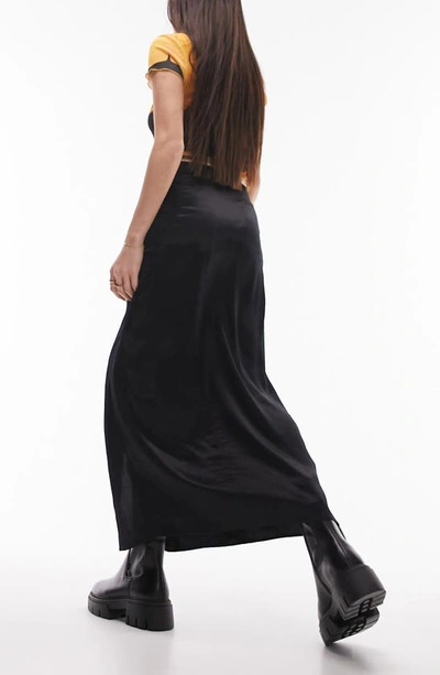 Topshop Ruched Front Vent Satin Maxi Skirt In Black