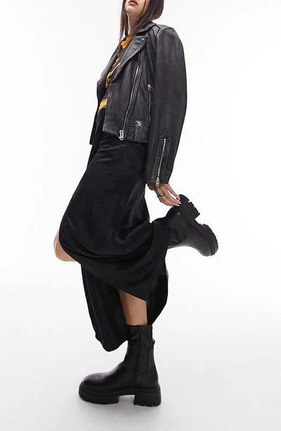 Topshop Ruched Front Vent Satin Maxi Skirt In Black