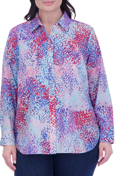Shop Foxcroft Meghan Abstract Print Linen Blend Button-up Shirt In Blue Multi