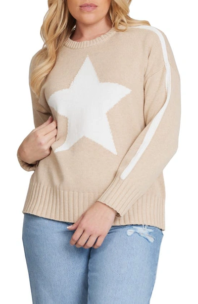 Shop Minnie Rose Star Cotton & Cashmere Crewneck Sweater In Brown Sugar/ White