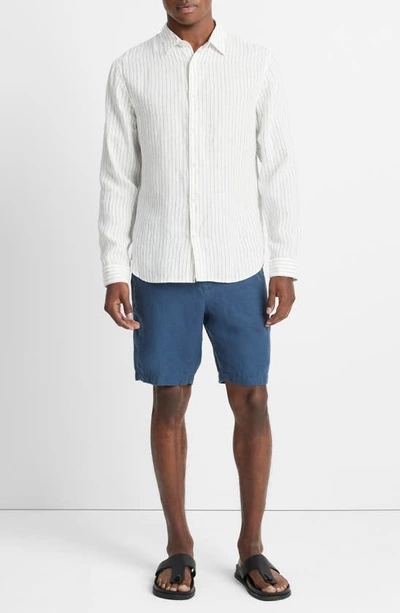 Shop Vince Bayside Stripe Linen Button-up Shirt In Optic White/ Deep Indigo