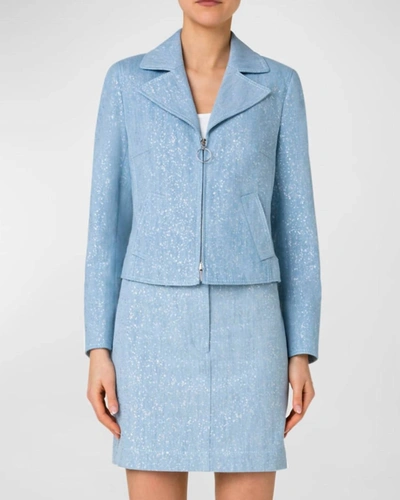 Shop Akris Punto Silver Sprinkle Cotton Denim Zip-up Jacket In Pale Blue Denim In Multi